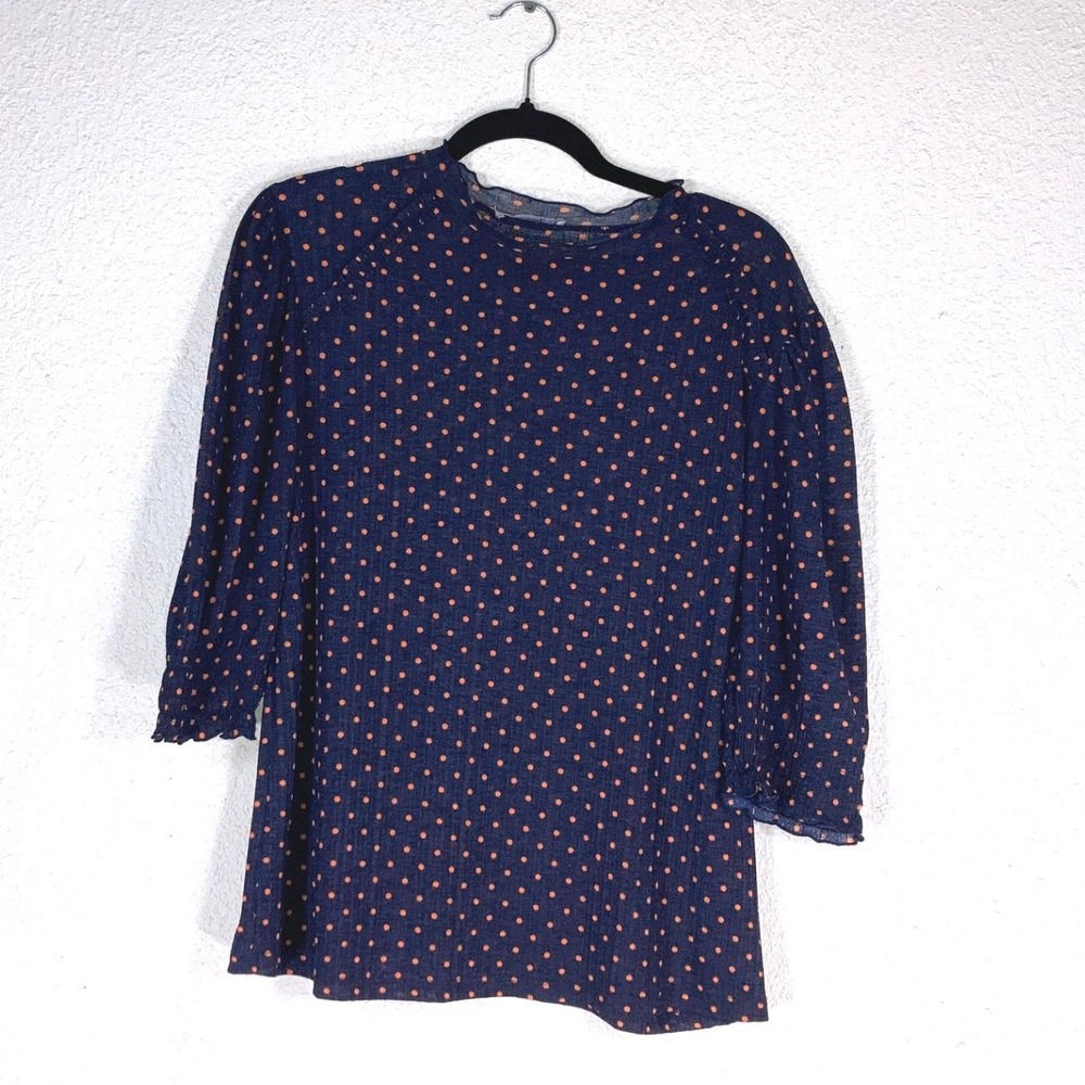 Zara Woman Basic Navy Blue Orange Polka Dot Mock Neck Smocked Cuff Blouse Medium